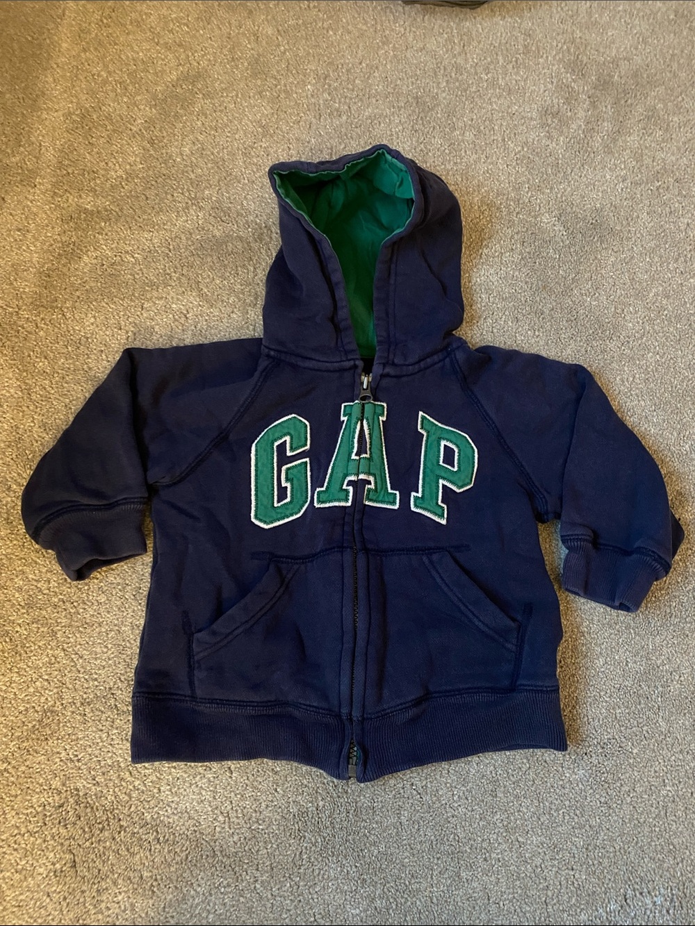 GAP 2T Navy Zip Hoodie with Green Hood Lining